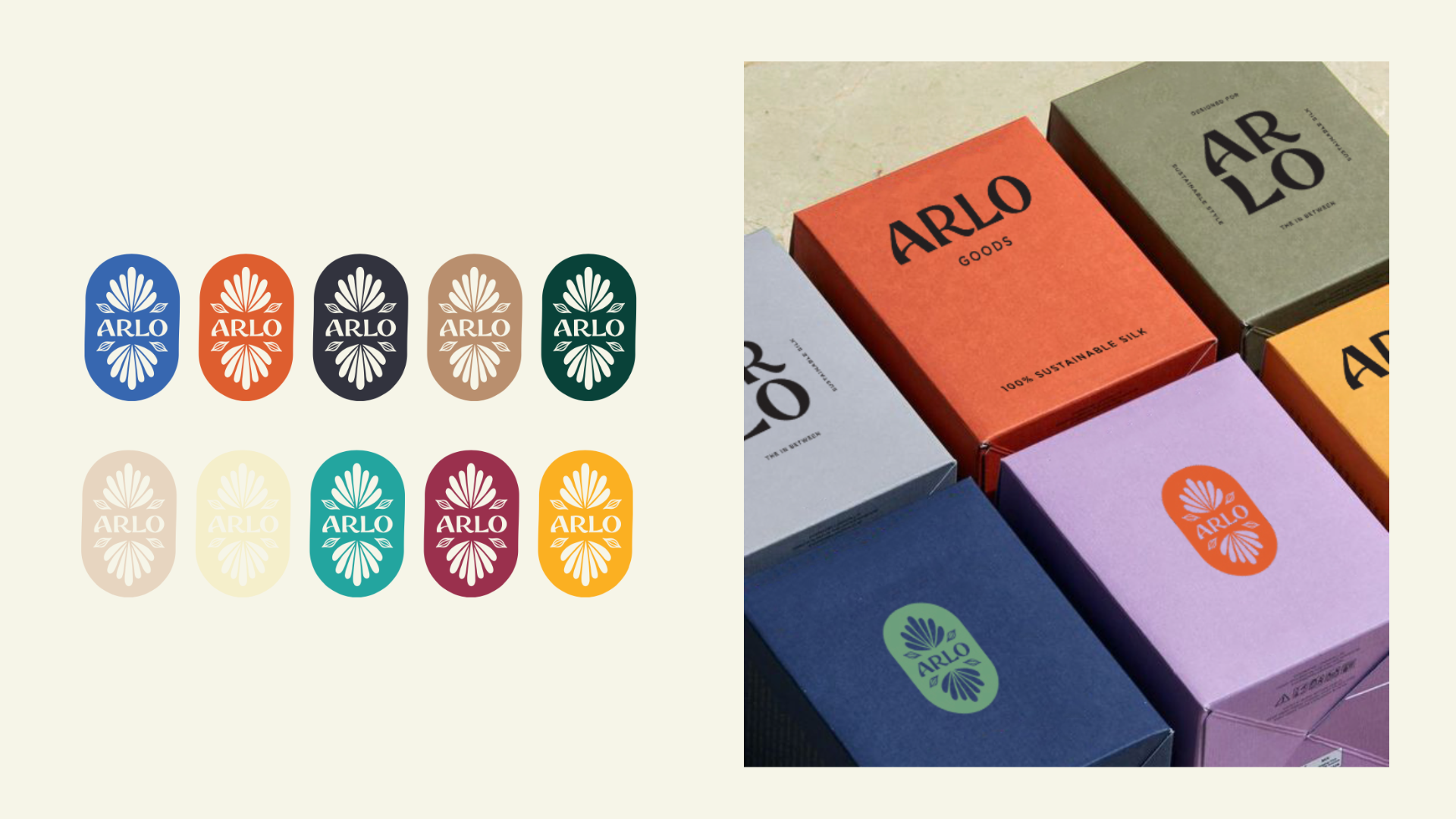 Arlo Goods logo system and packaging colorways