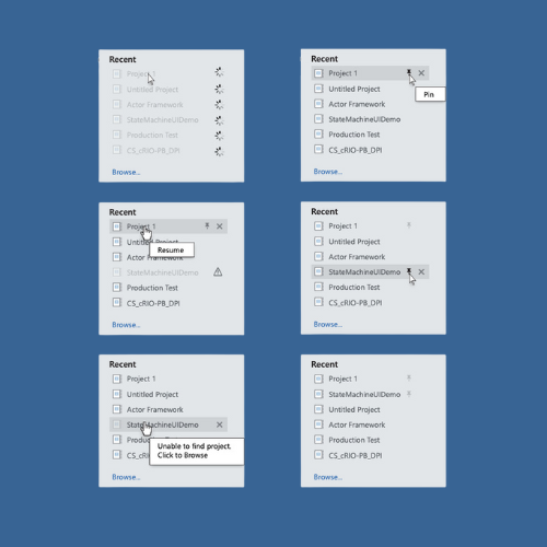 Device states — recents list with pin, resume, and offline interactions
