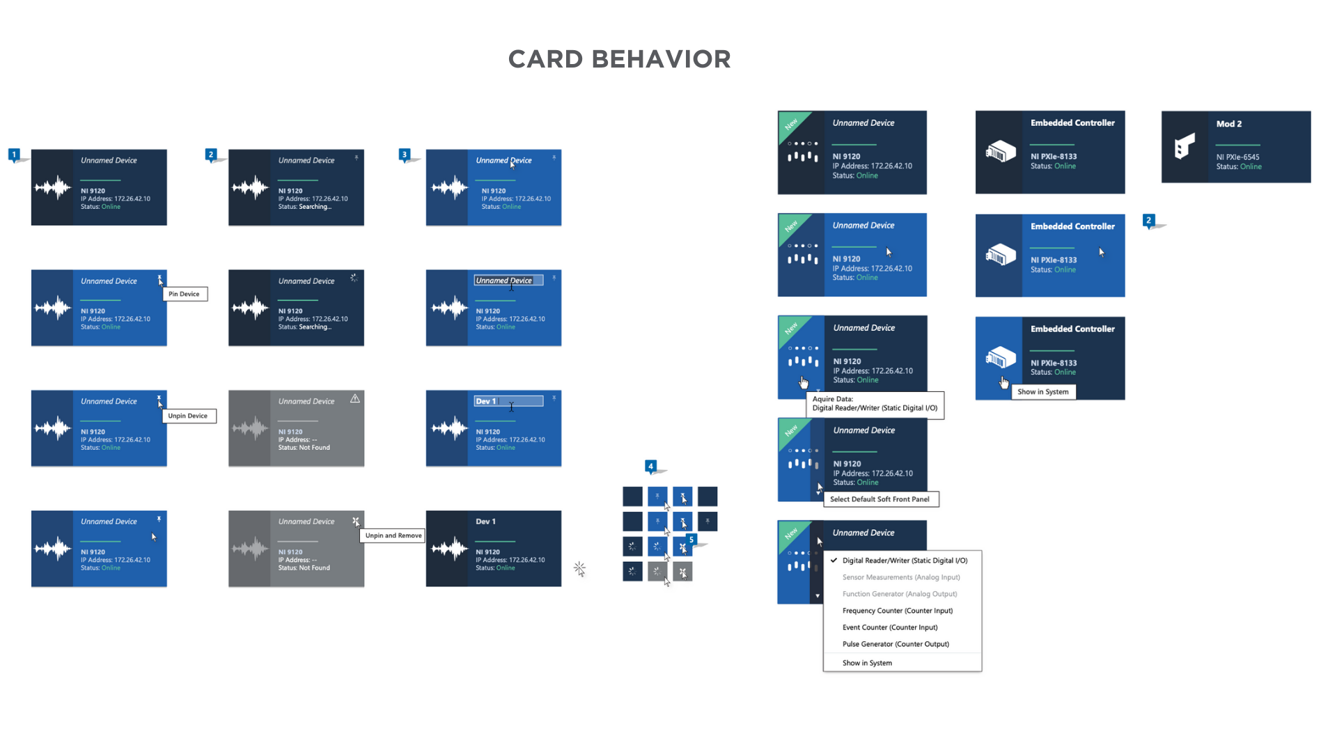 Local Devices card behavior — three target areas diagram
