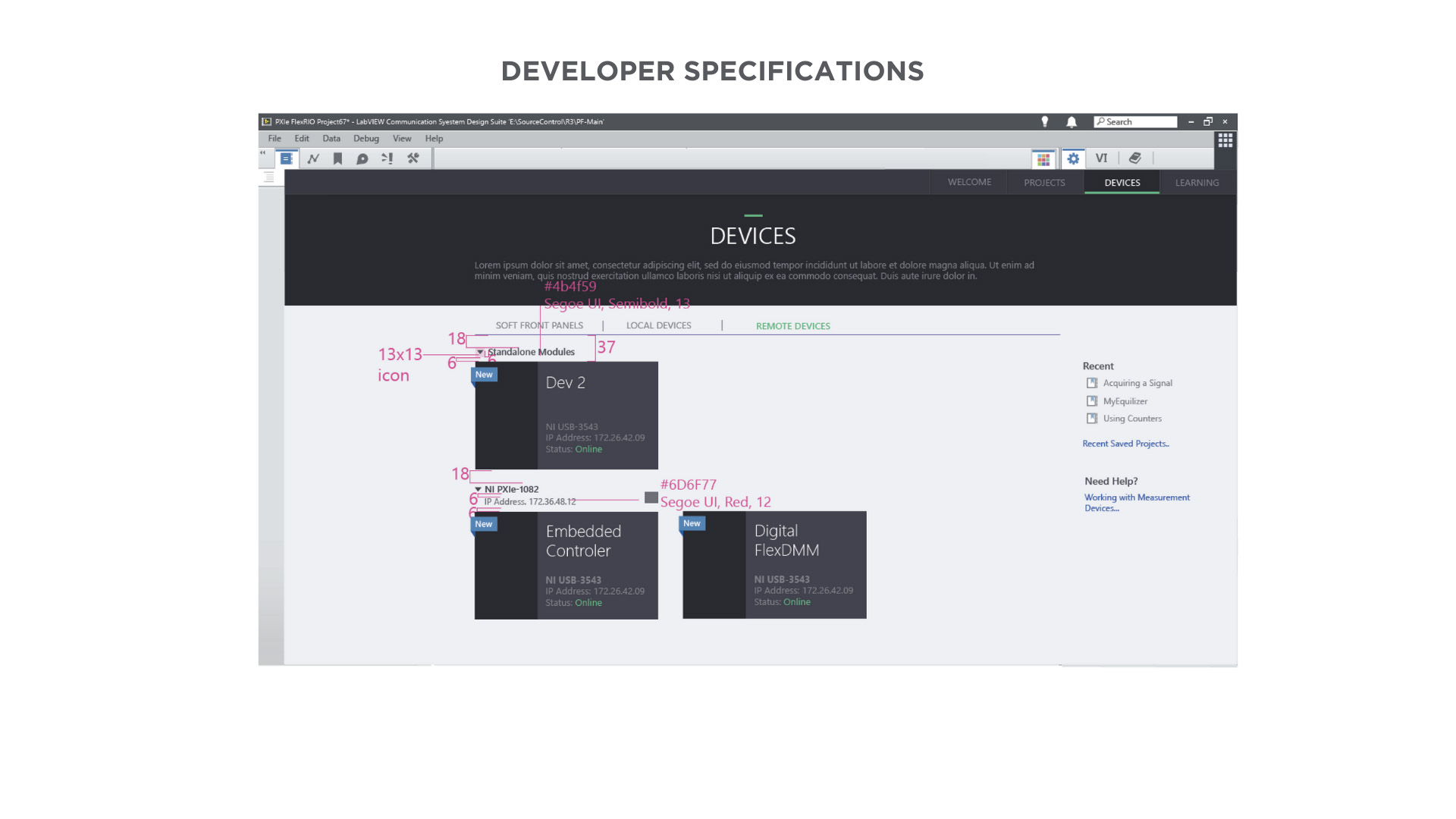 Local Devices developer specifications — type, spacing, and color annotations