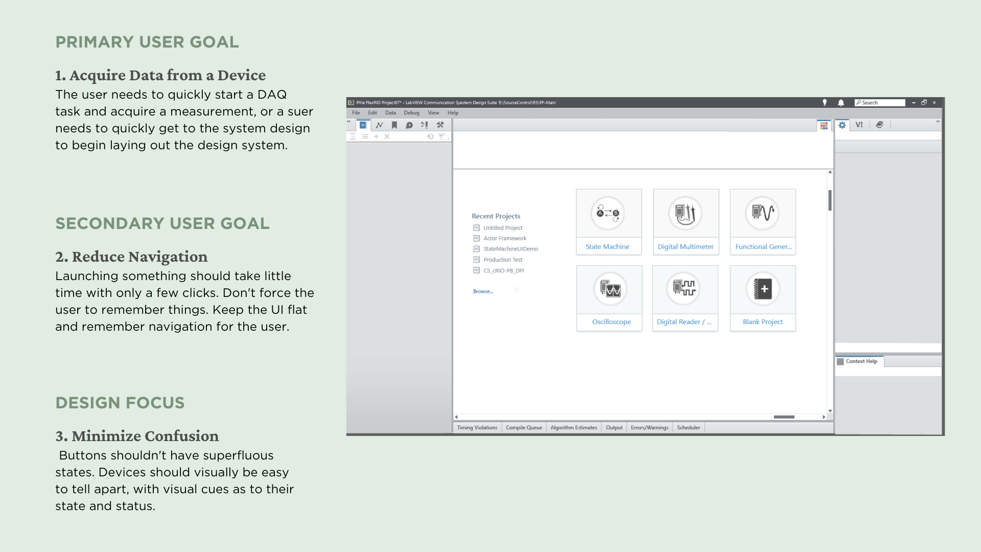 Primary and secondary user goals with design focus