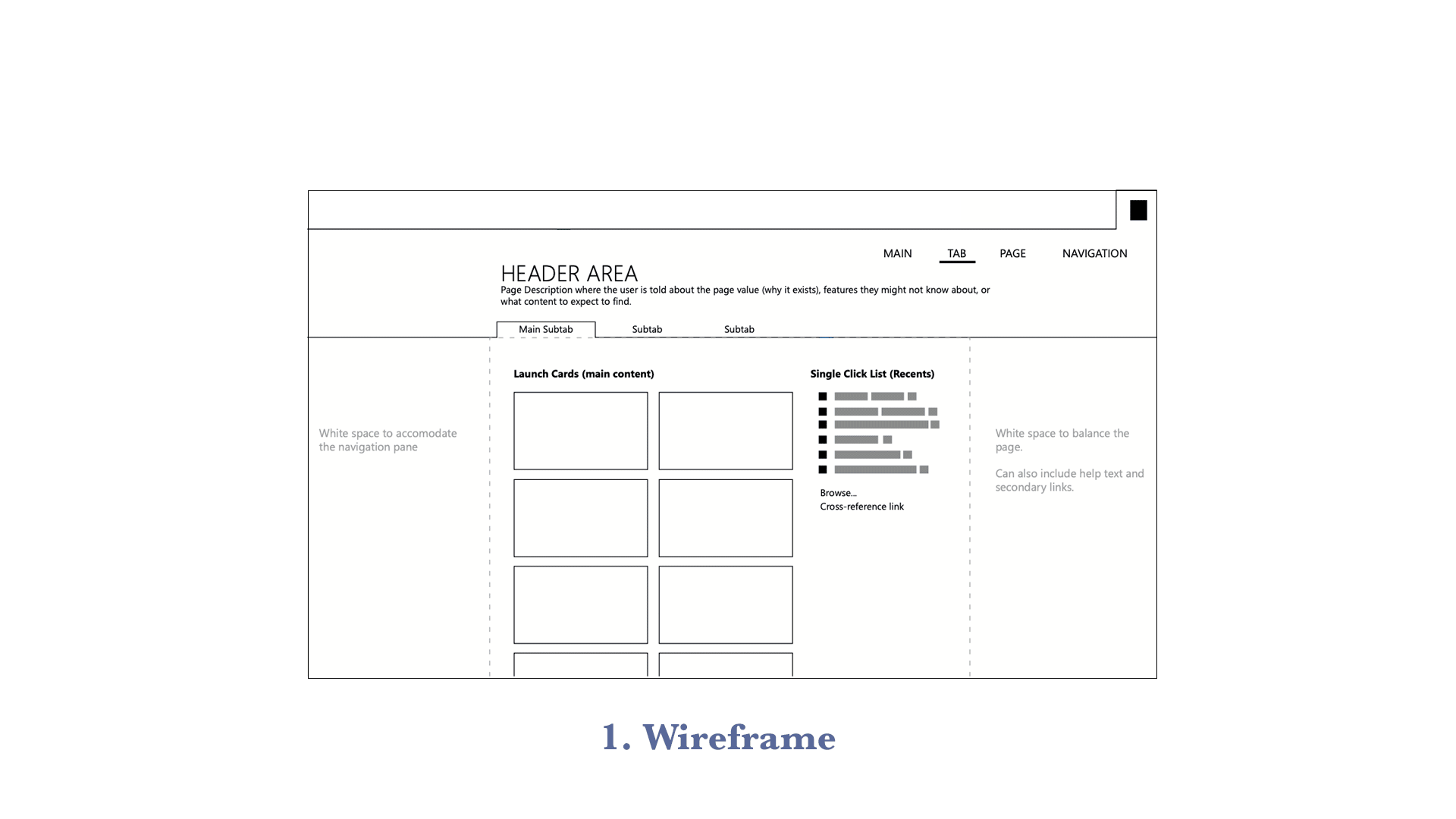 Welcome experience wireframe — header, launch cards, recents