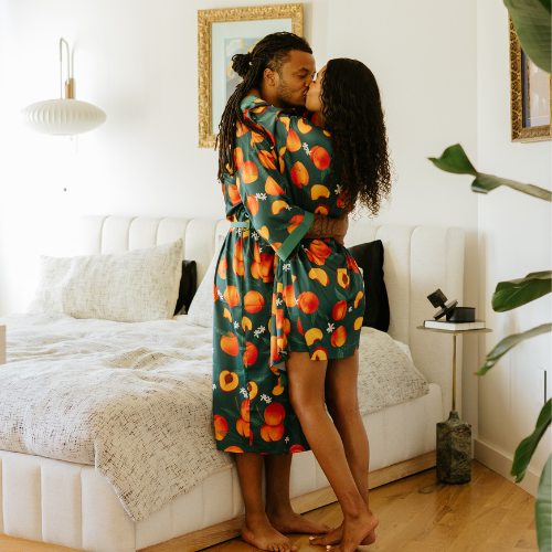 Peach robe on model