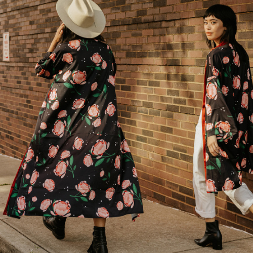 Midnight Peony robe on model