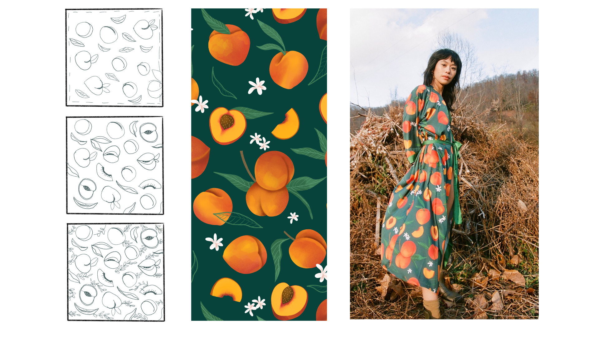Print development — sketch, illustration, final on model